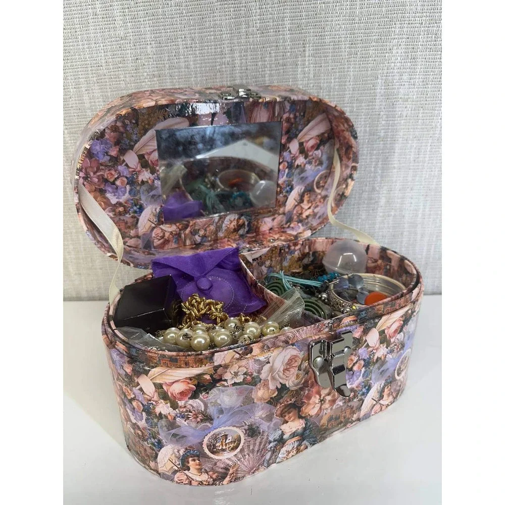 Vintage Floral Jewelry Chest with Costume Jewelry Lot - 057(79)